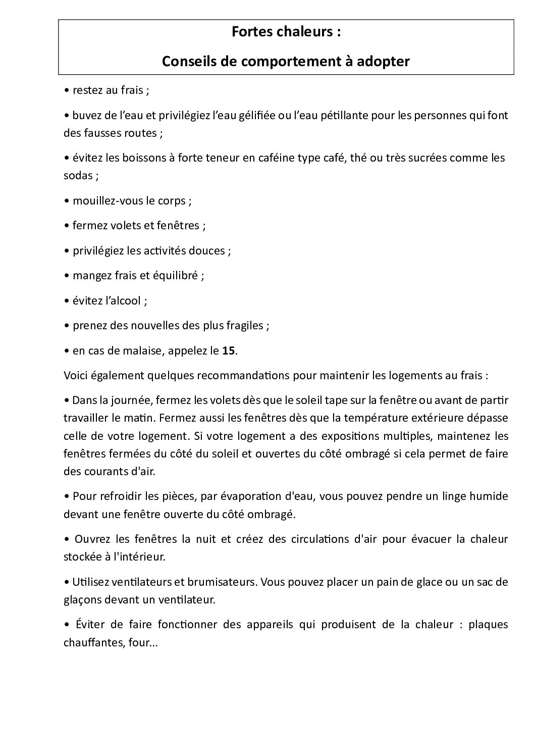 Fortes chaleurs / Conseils de comportement à adopter